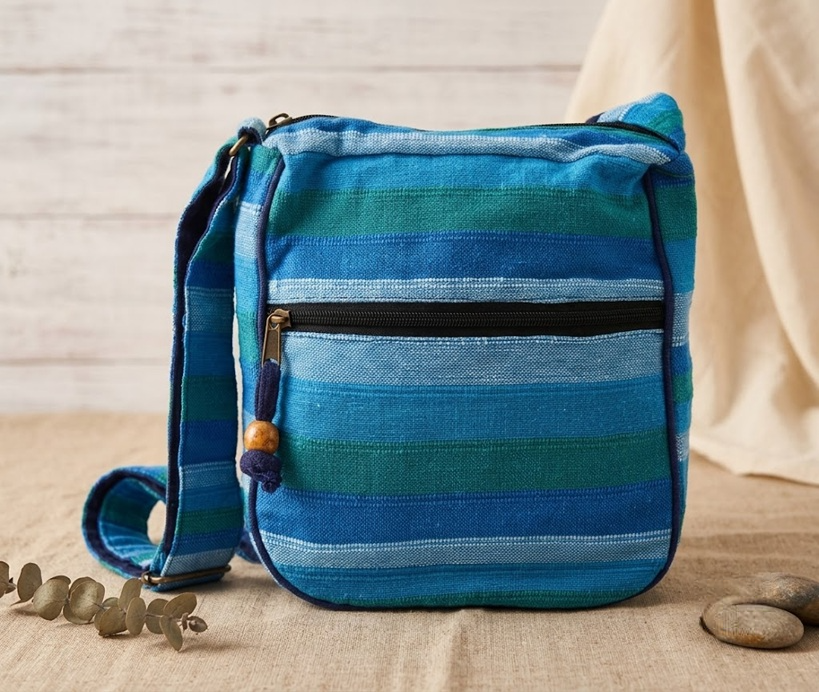 Large Blue Rivers Nepal Cotton Sling Bag | Adjustable Strap Boho Hippie Crossbody Shoulder Bag | Ethnic Woven Festival Bag | Gift for Her