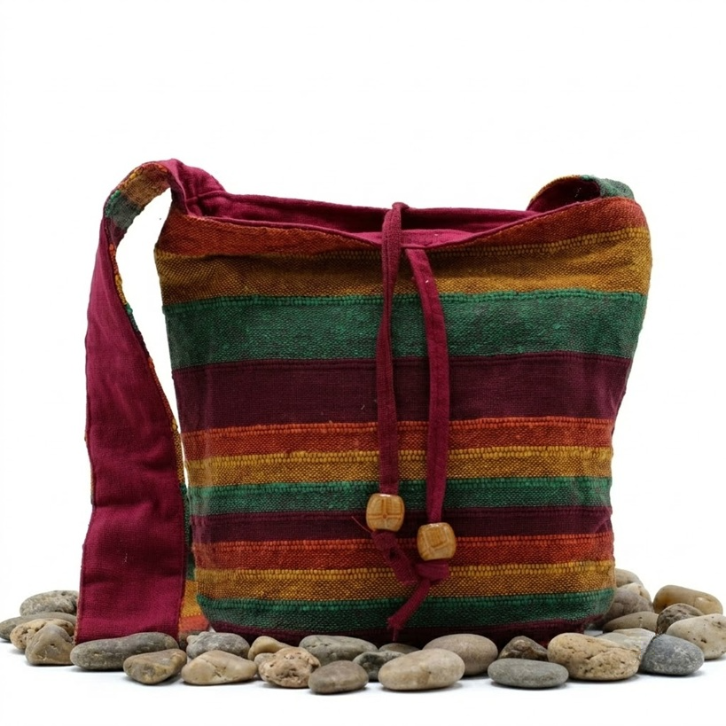 Mountain Trek Tan & Greens Nepal Cotton Sling Bag | Adjustable Strap Boho Hippie Crossbody Shoulder Bag | Ethnic Woven Festival Bag | Gift for Her