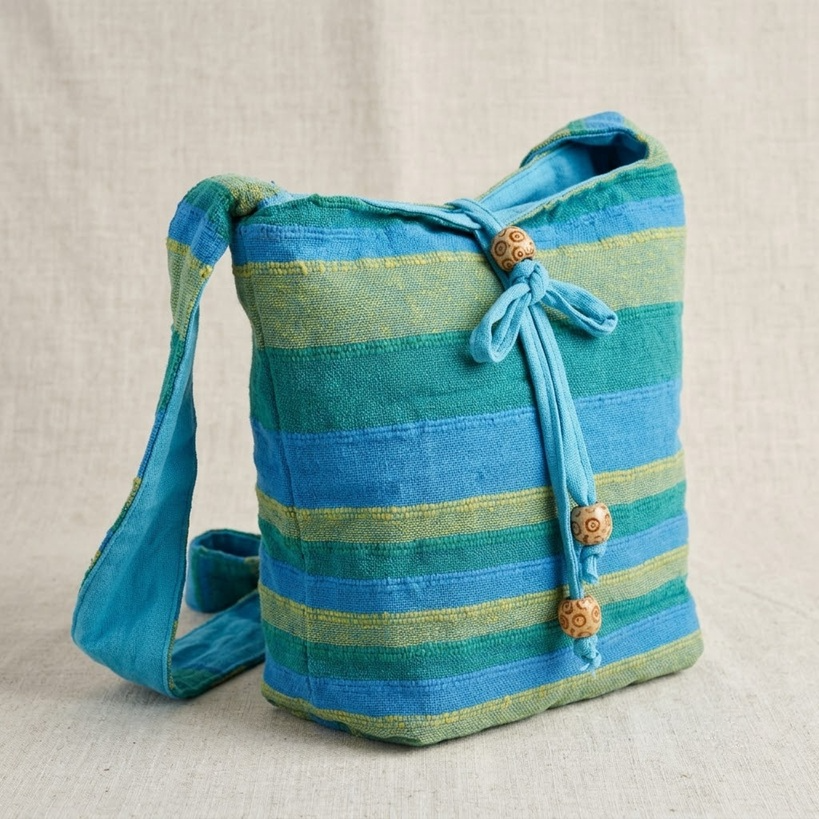 Spring Meadows Green & Blue Nepal Cotton Sling Bag | Adjustable Strap Boho Hippie Crossbody Shoulder Bag | Ethnic Woven Festival Bag | Gift for Her