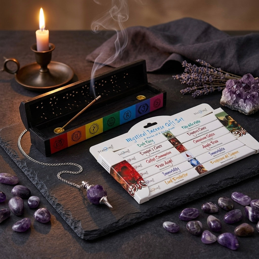 Amethyst Crystal Chakra Spiritual Gift Set | Faceted Pendulum Tumble Stones Incense Smoke Box | Healing Reiki Witchy Gift for Her