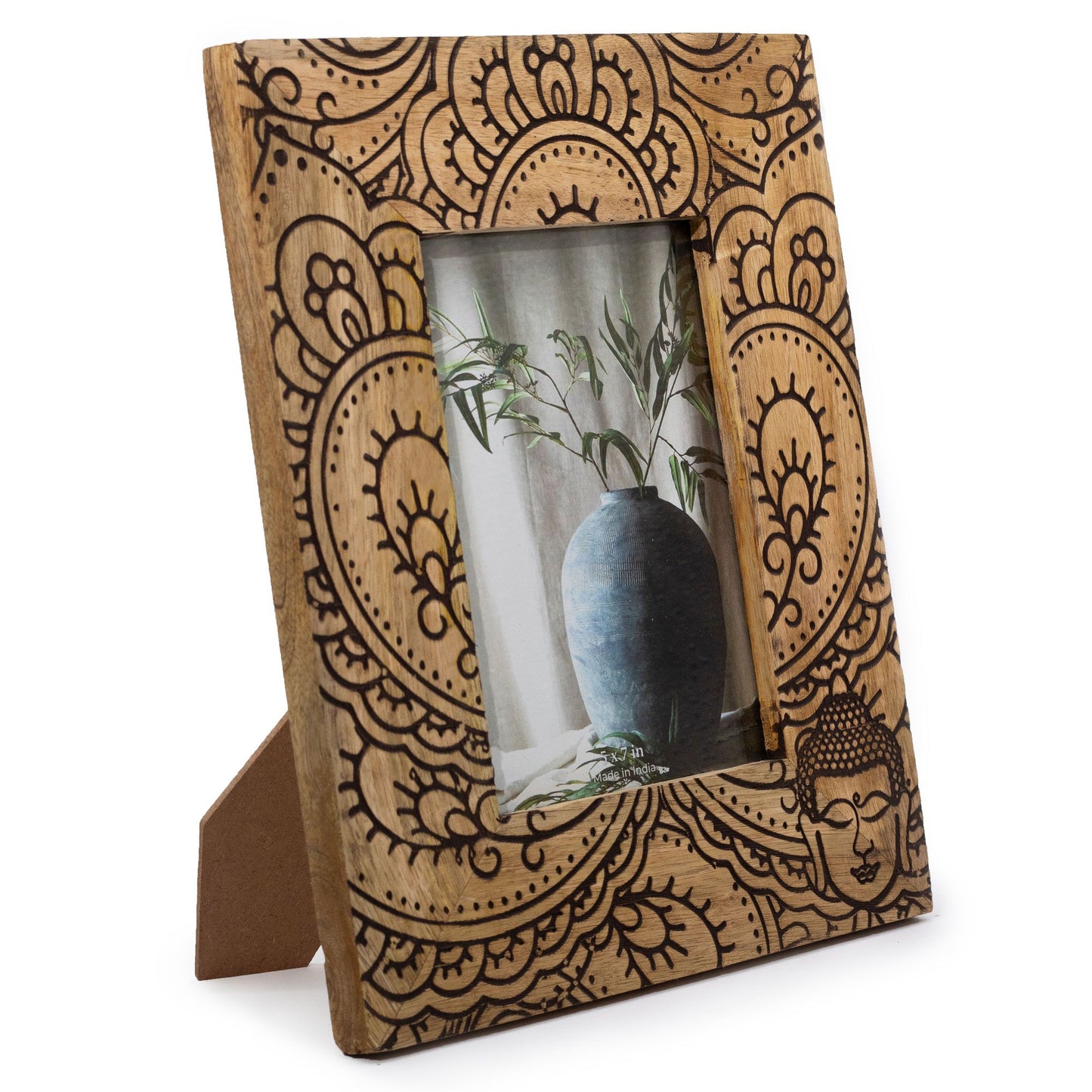 Large black mango wood picture frame with an intricately carved Buddha design, sized for thirteen by eighteen centimetre phot