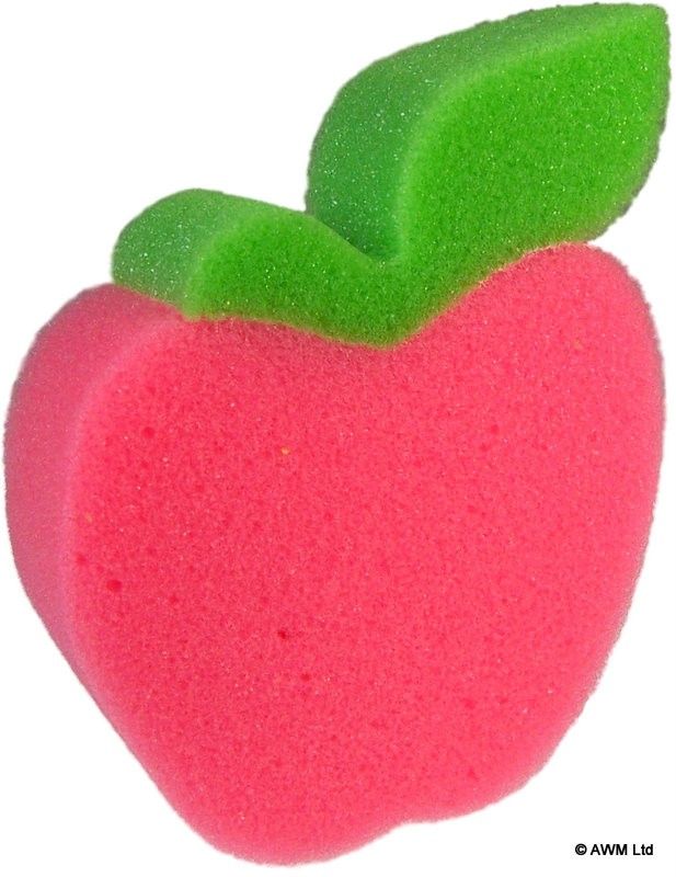 Bright red apple-shaped bath sponge made from textured PVA material.