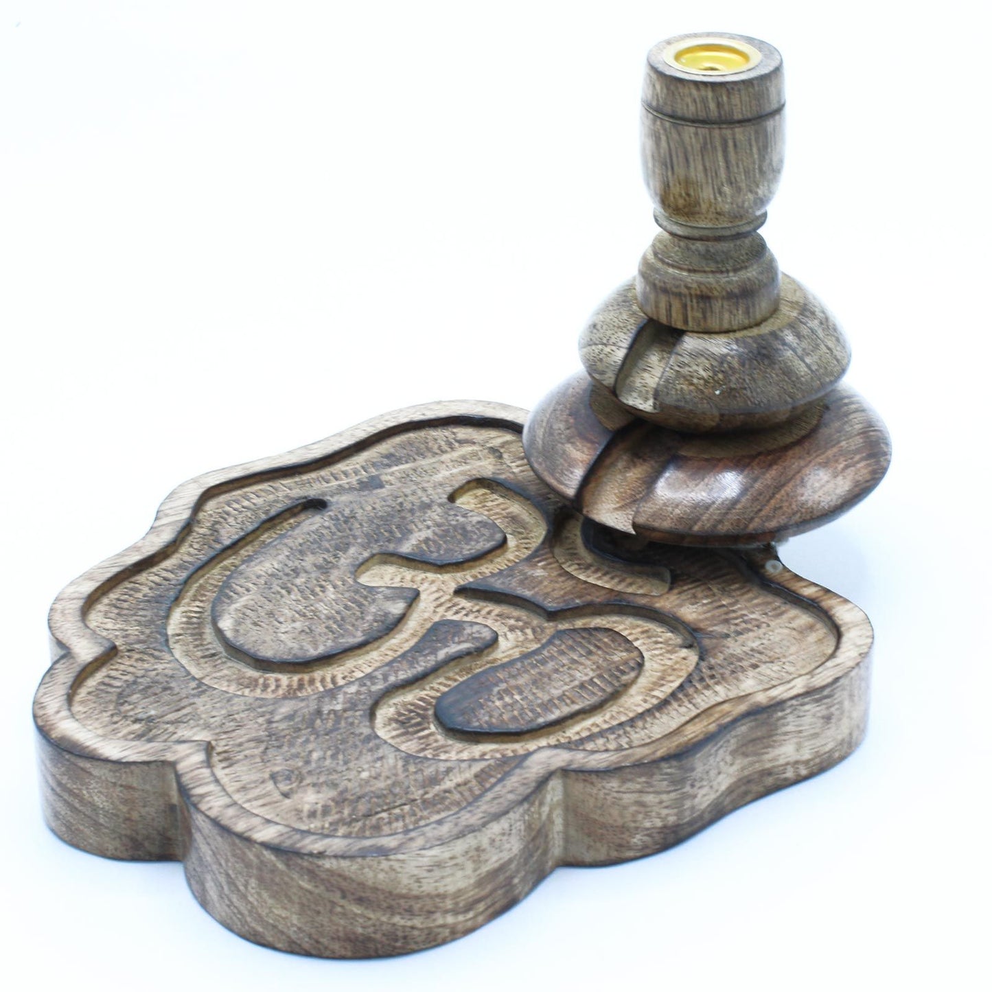 Handcrafted medium mango wood backflow incense burner featuring a central carved Ohm symbol and natural wood grain finish.