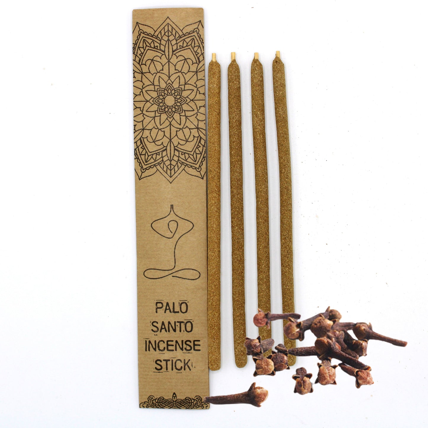 Large hand-rolled Palo Santo incense sticks infused with aromatic cloves resting on a wooden surface.