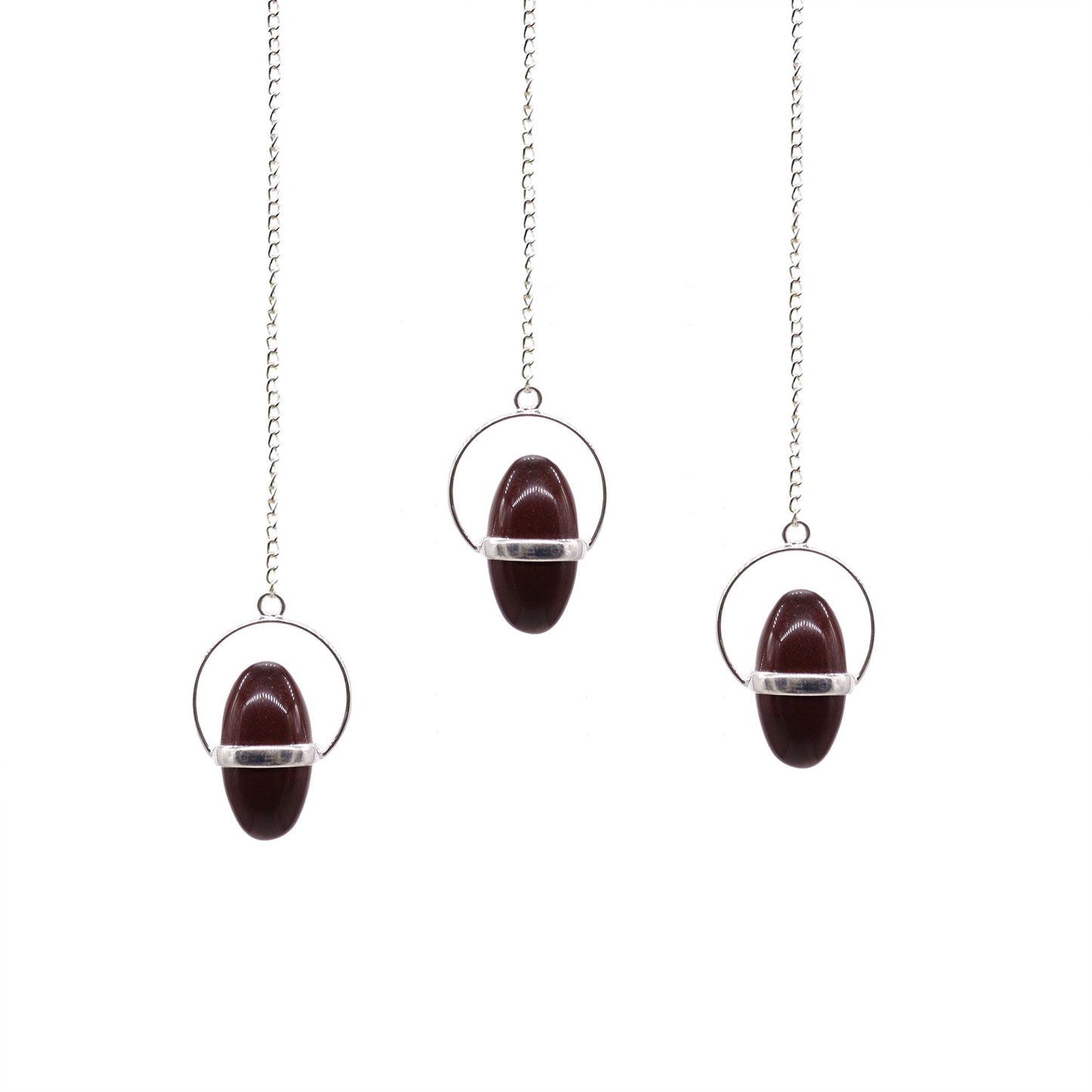 Smooth egg-shaped Shiva Lingam stone with natural brown markings held in a decorative silver-toned metal band and chain.