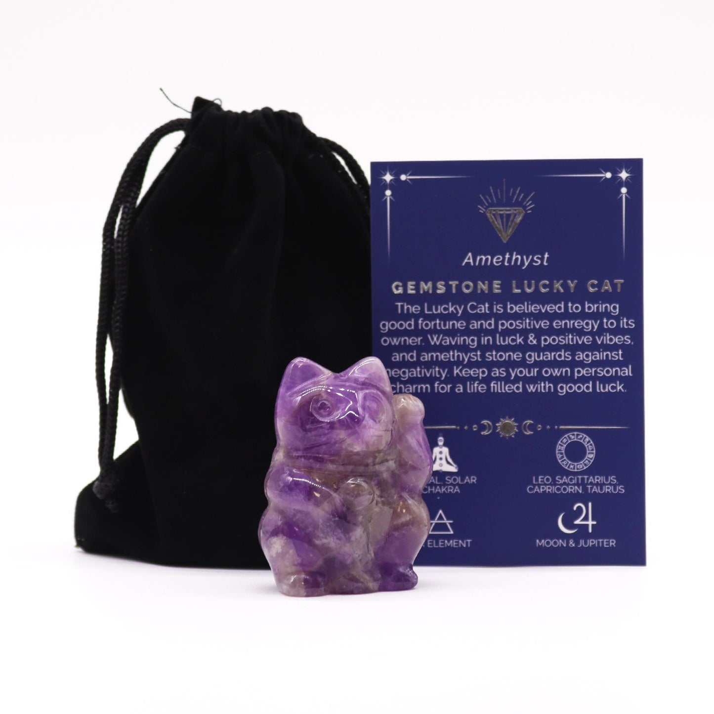 Hand-carved purple amethyst gemstone figurine in the shape of a traditional beckoning lucky cat with a polished finish.