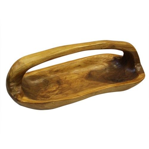 Hand-carved rustic teak root bowl with a natural wood grain finish and integrated handle.