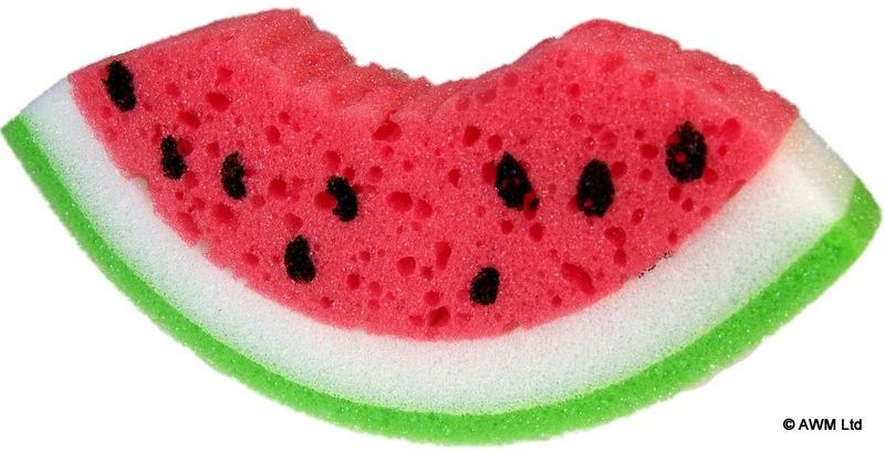 Colourful bath sponge shaped like a vibrant green and red watermelon slice with black seed details.