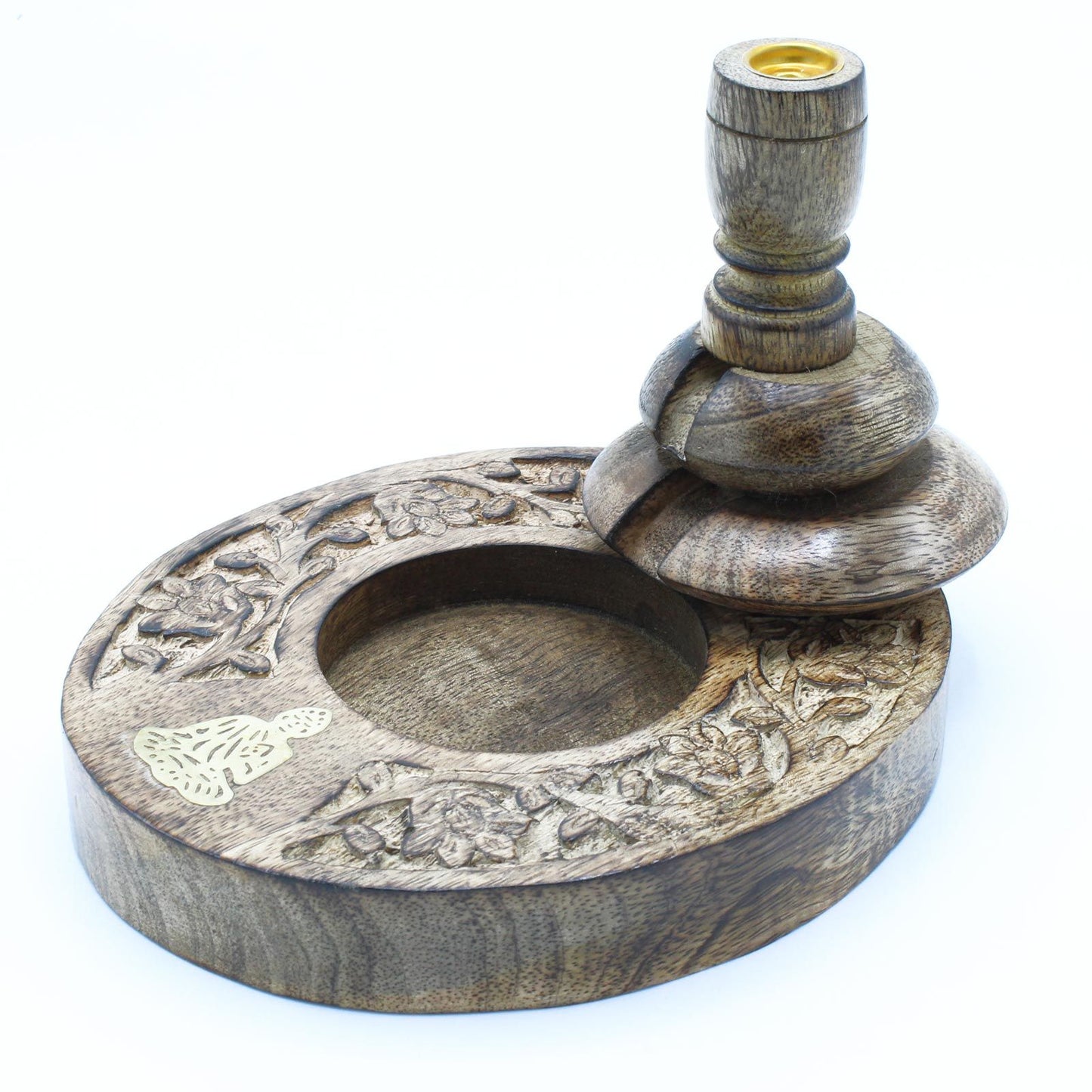Handcrafted medium-sized mango wood backflow incense burner featuring a small gold-toned brass Buddha figure on the base.