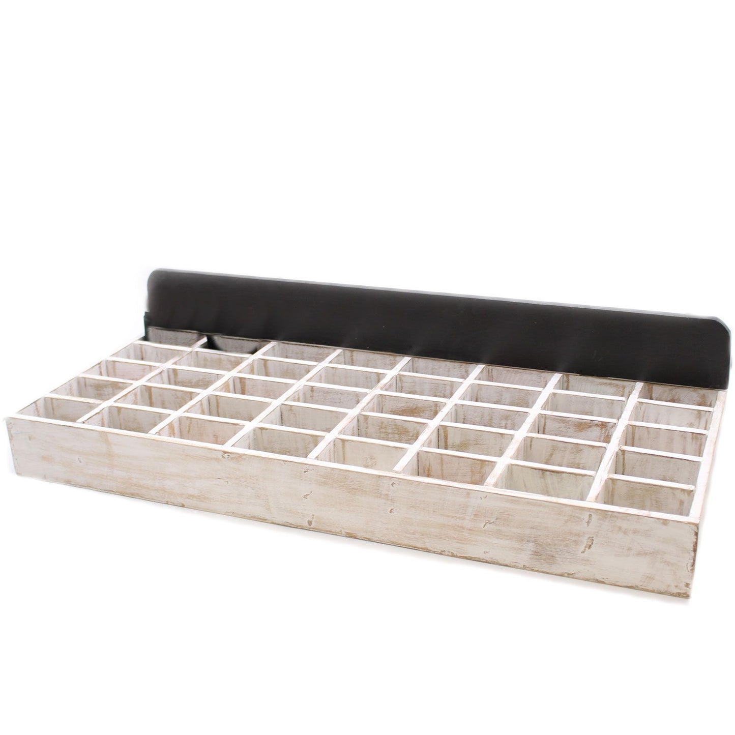 Large wooden display tray featuring forty individual square compartments for organised storage or retail presentation.