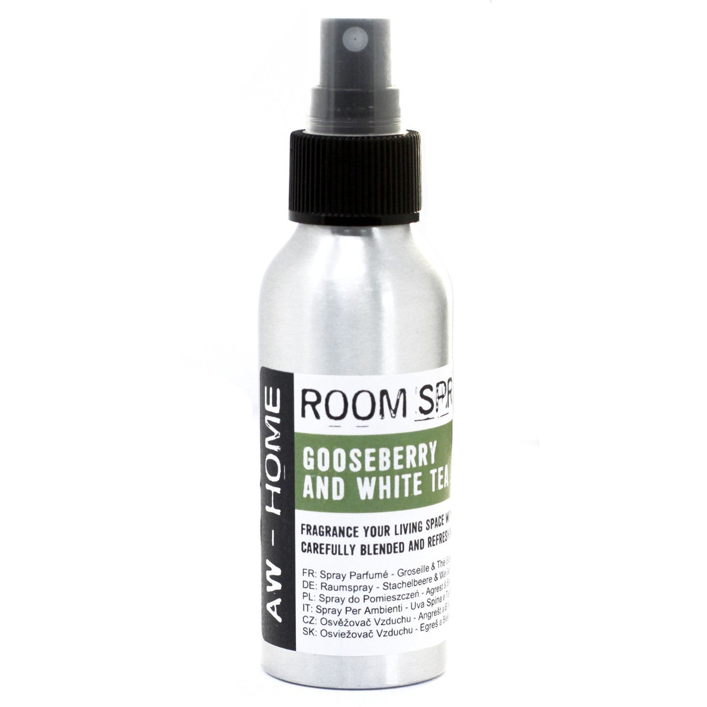 A 100ml silver aluminium bottle of Gooseberry and White Tea room spray with a simple, elegant label.