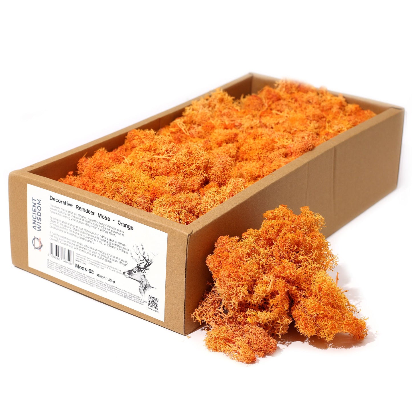 Vibrant orange preserved reindeer moss with a soft natural texture, ideal for crafts and decorative displays.
