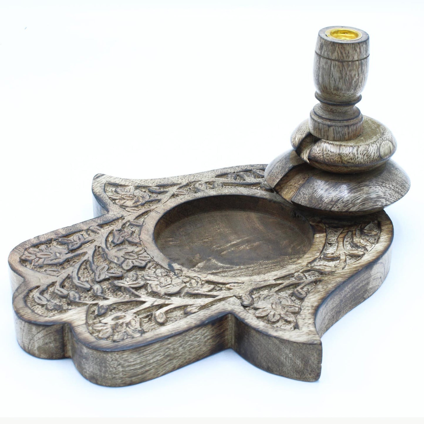 Handcarved mango wood backflow incense burner featuring a detailed Hamsa hand design for cascading smoke effects.