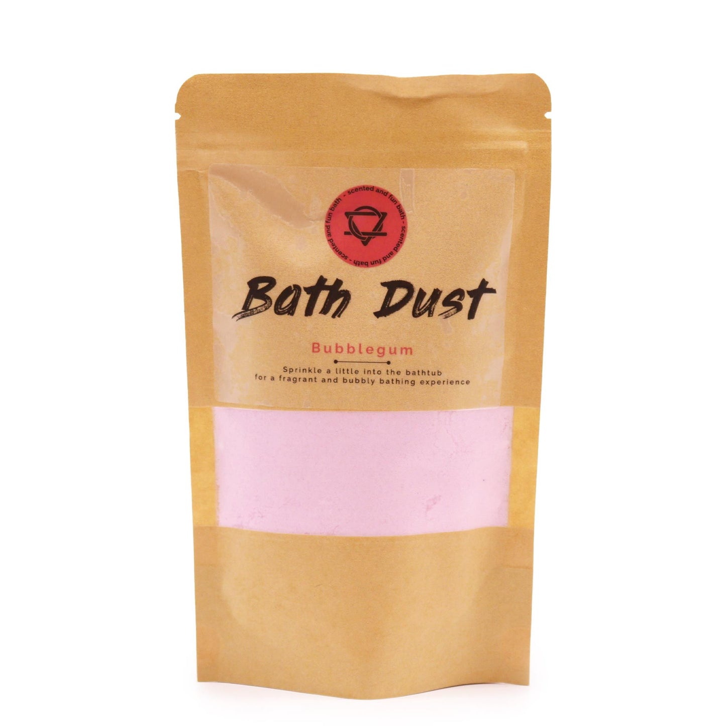 Vibrant pink and blue scented bath dust in a clear bag for a fun and colourful bath time experience.