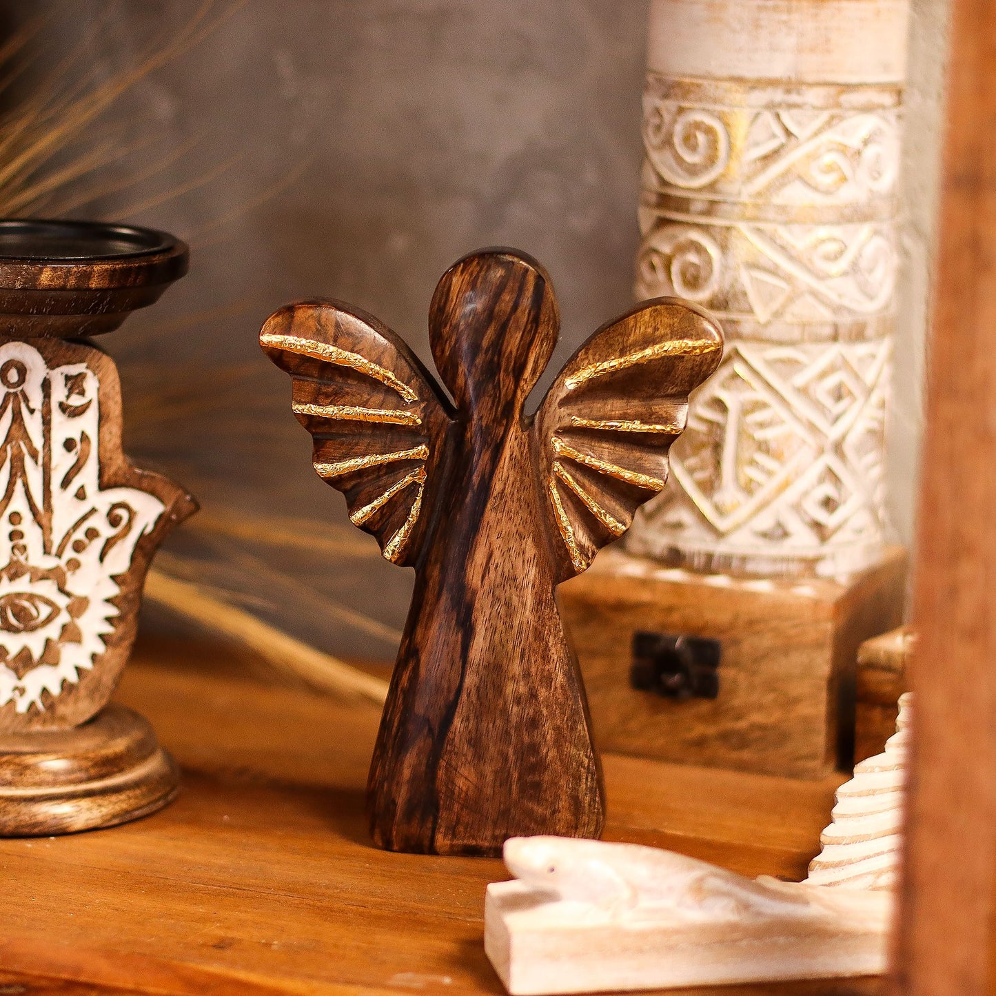 Large Mango Wood Angel - Gold Decor