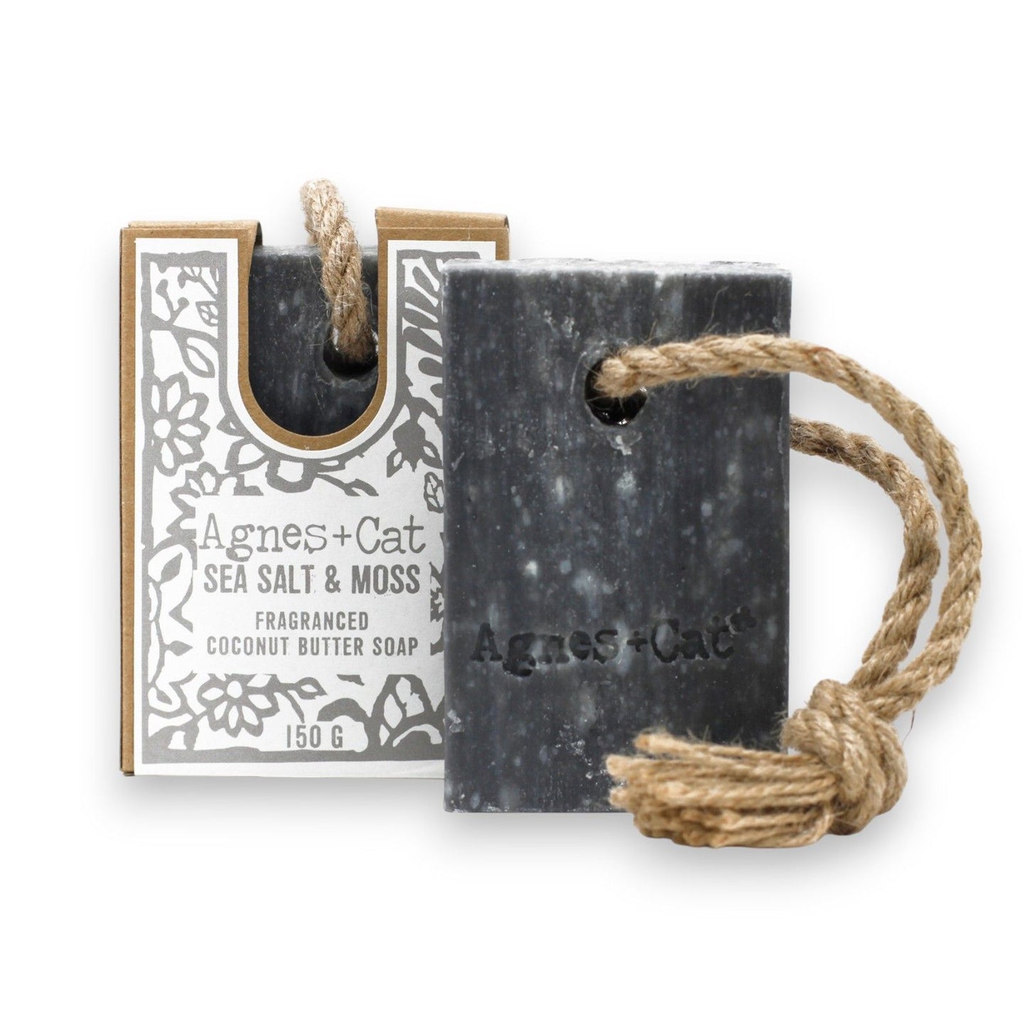 Handcrafted textured soap bar with a natural rope loop, featuring a marbled sea green and white design.