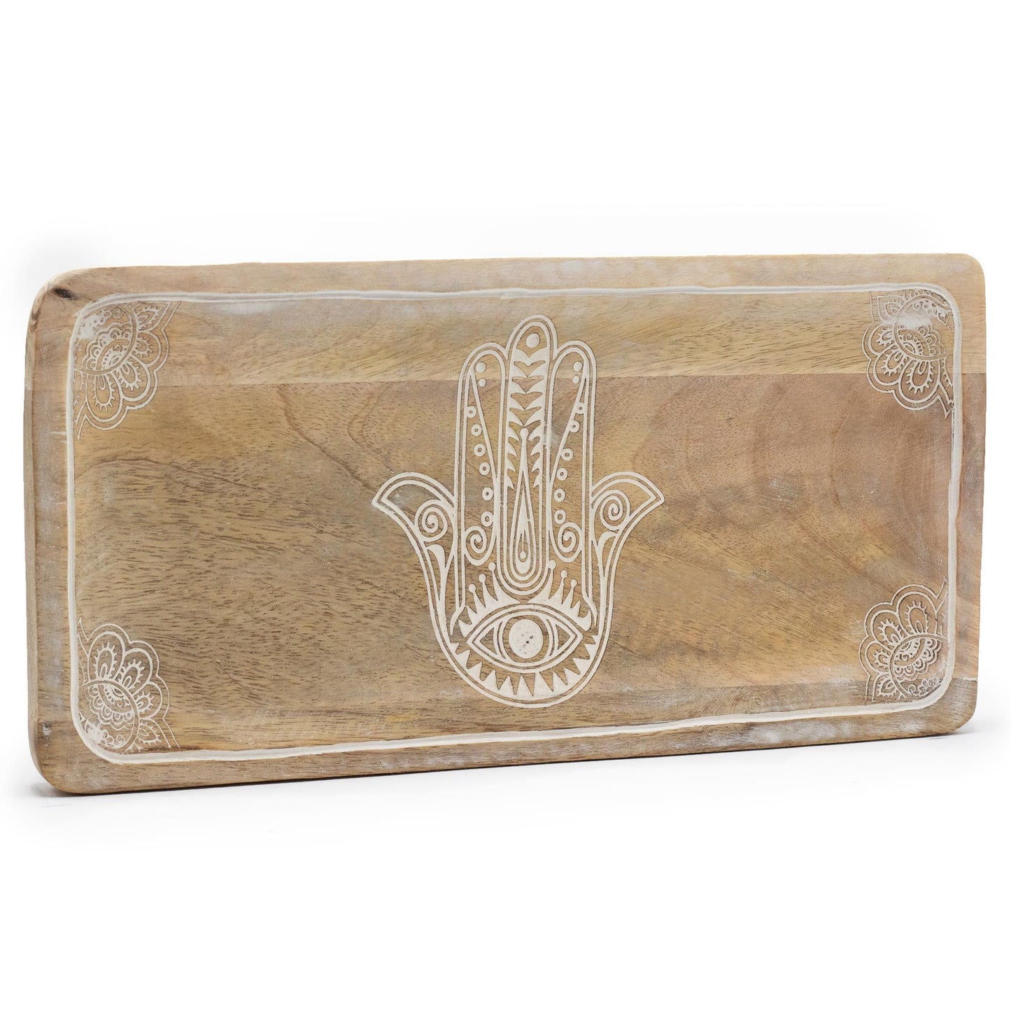 Long rectangular whitewashed wooden tray featuring an intricately carved Hamsa hand design in the centre.