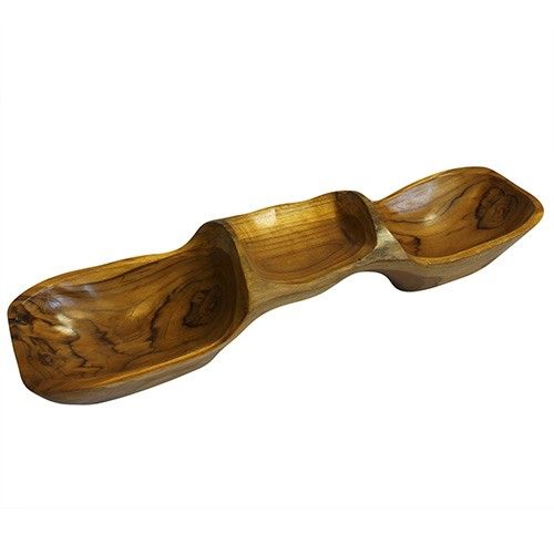 Hand-carved three-tier teak root bowl pyramid with natural wood grain and abstract organic shapes.