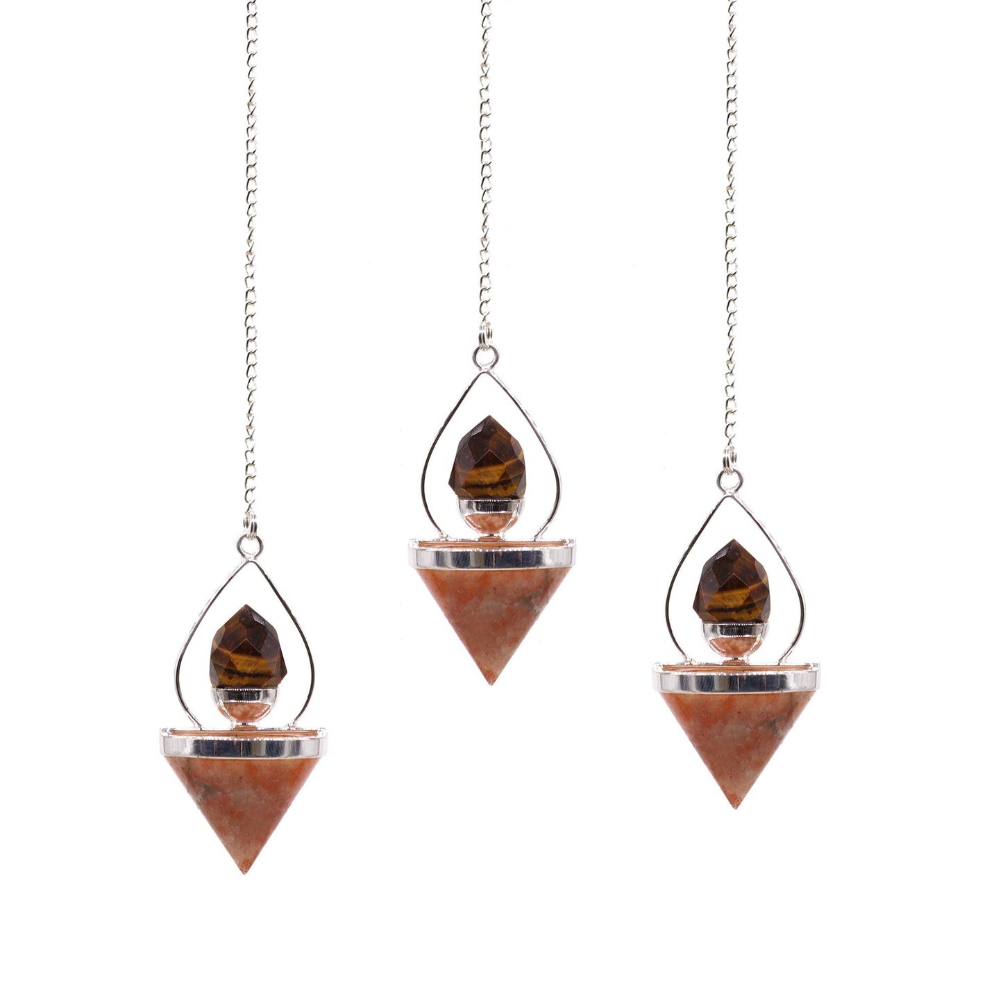 A decorative silver-tone lantern-style pendulum containing sunstone and tigereye gemstone beads.