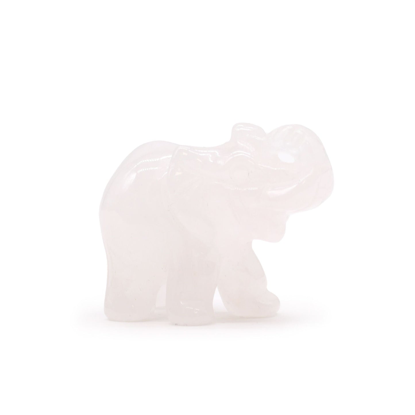Small hand-carved pink rose quartz elephant figurine with a raised trunk, showcasing natural gemstone texture.