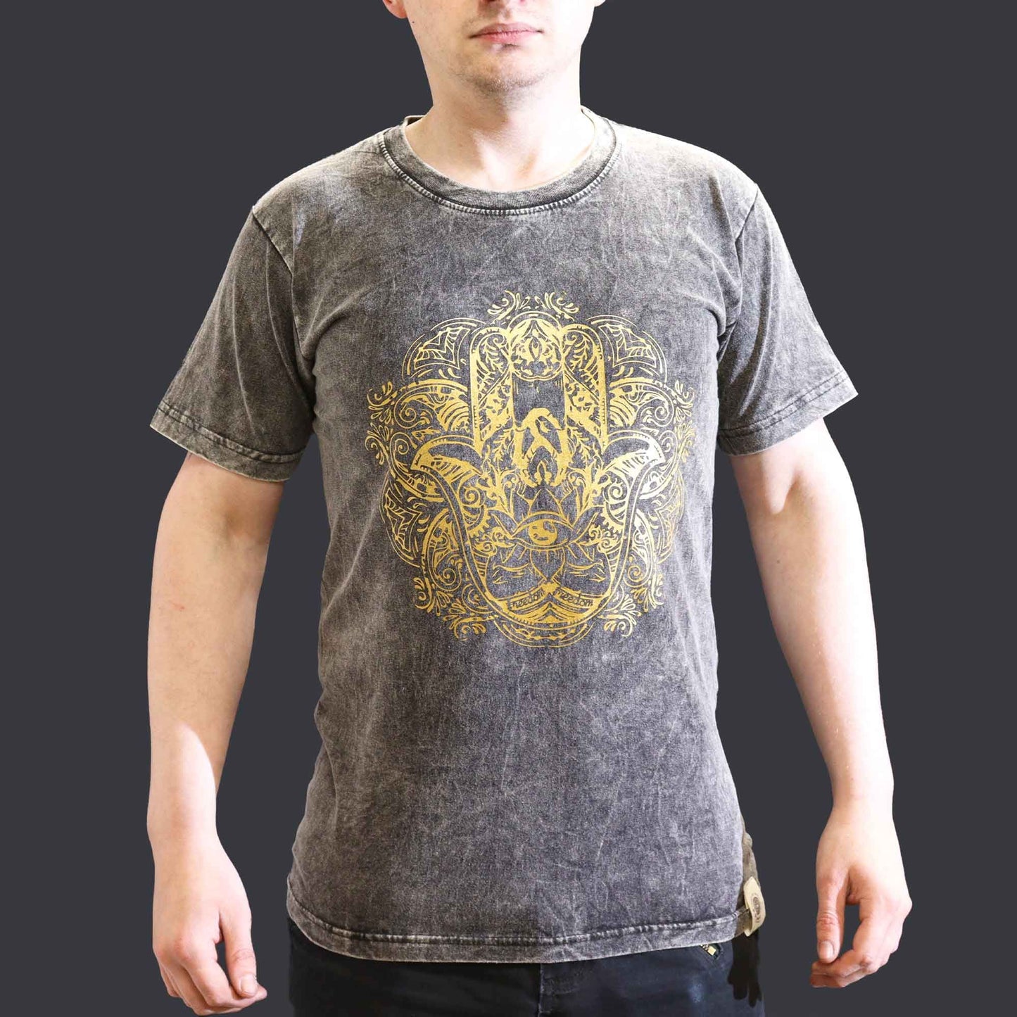 Small dark grey stonewashed t-shirt with a white Hamsa hand symbol printed on the front.