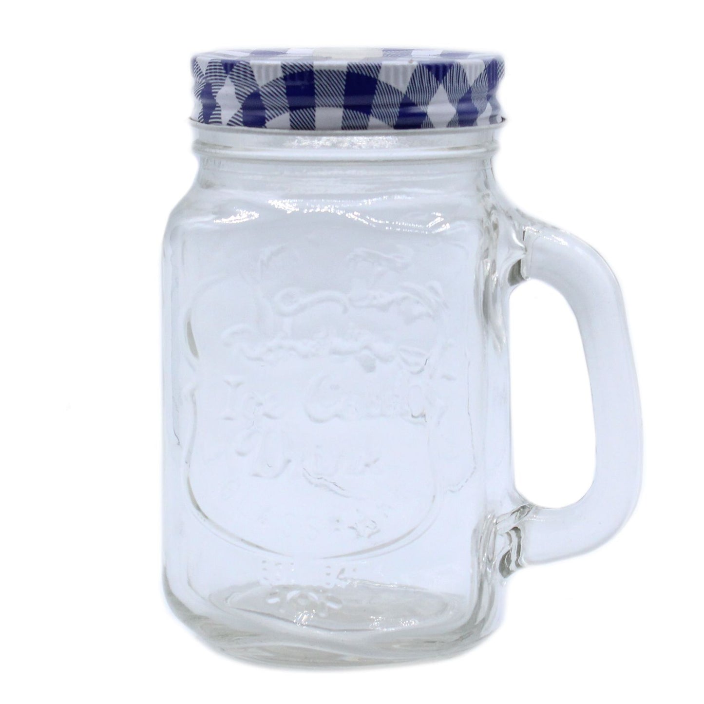 Clear glass mason jar with a handle and embossed Ice Cold text, perfect for serving refreshing cold summer drinks.