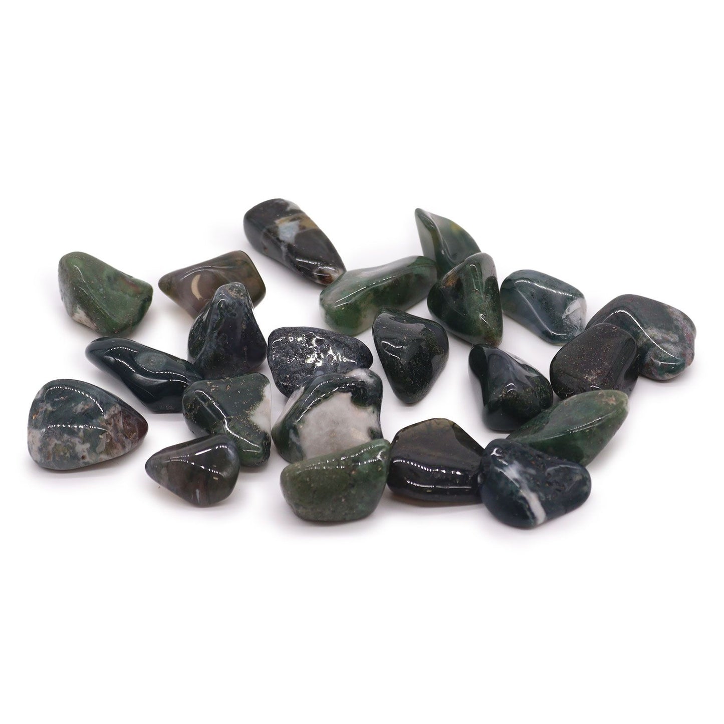 Large, highly polished green moss agate tumble stone with beautiful natural white and green patterns.