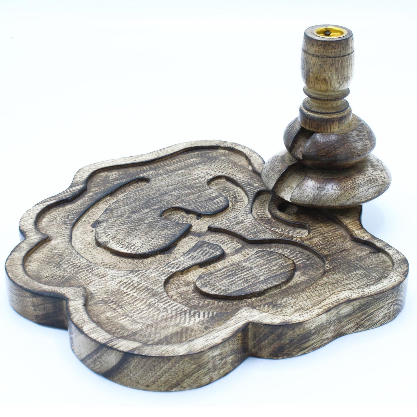 Large hand-carved mango wood backflow incense burner with a central sacred Ohm symbol and a dark wood finish.