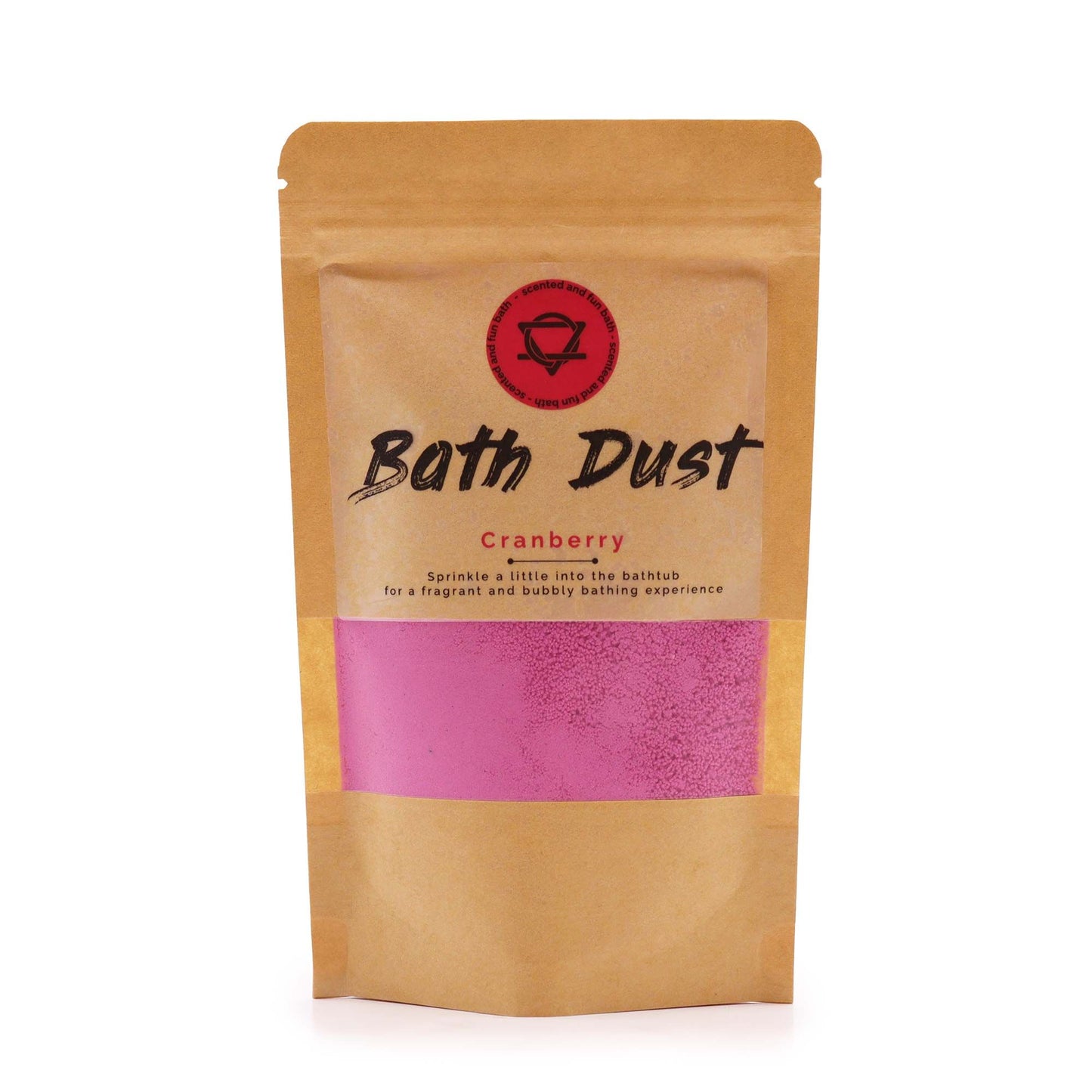 Sparkling pink and red bath dust in a clear bag showing a fine, crystalline texture.
