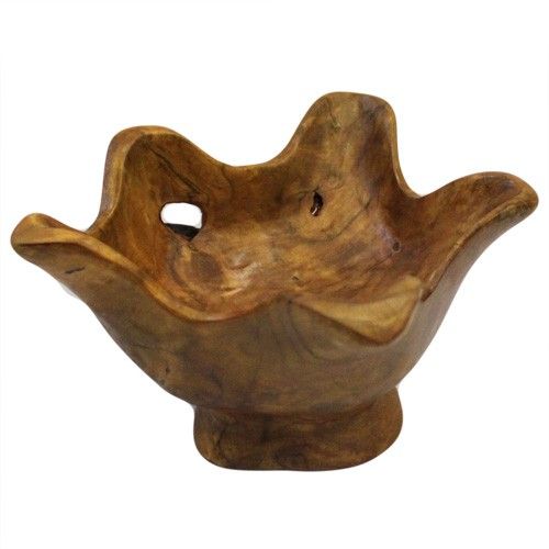 Hand-carved small round teak root bowl showing natural wood grain and unique abstract edges.