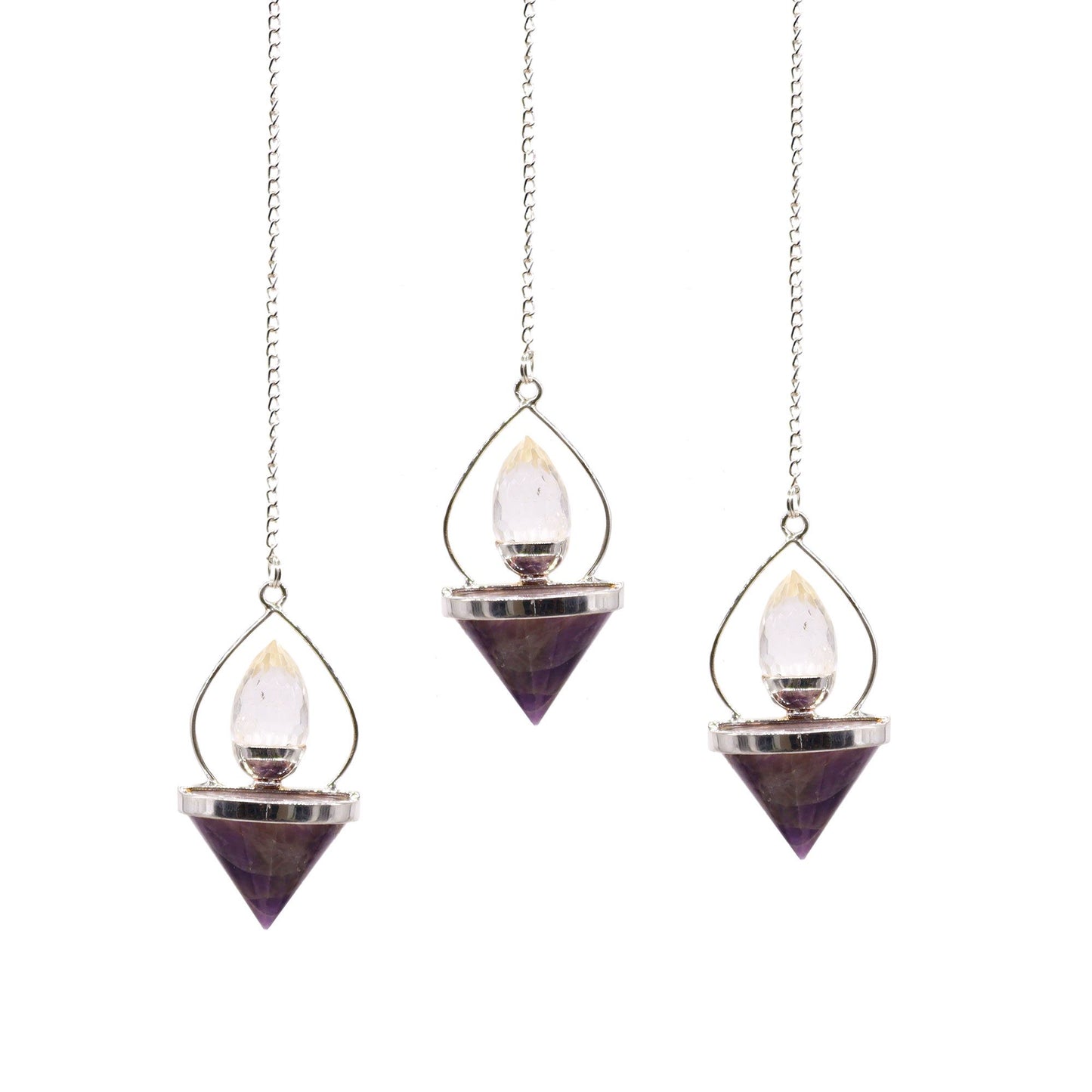 Intricate gemstone pendulum featuring purple amethyst and clear rock quartz in a decorative silver-tone lantern cage.