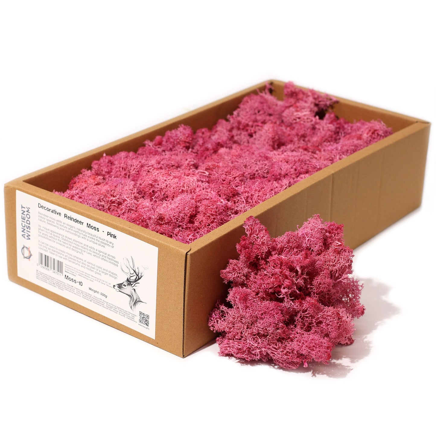 Close-up of vibrant pink preserved reindeer moss with a soft, spongy natural texture.