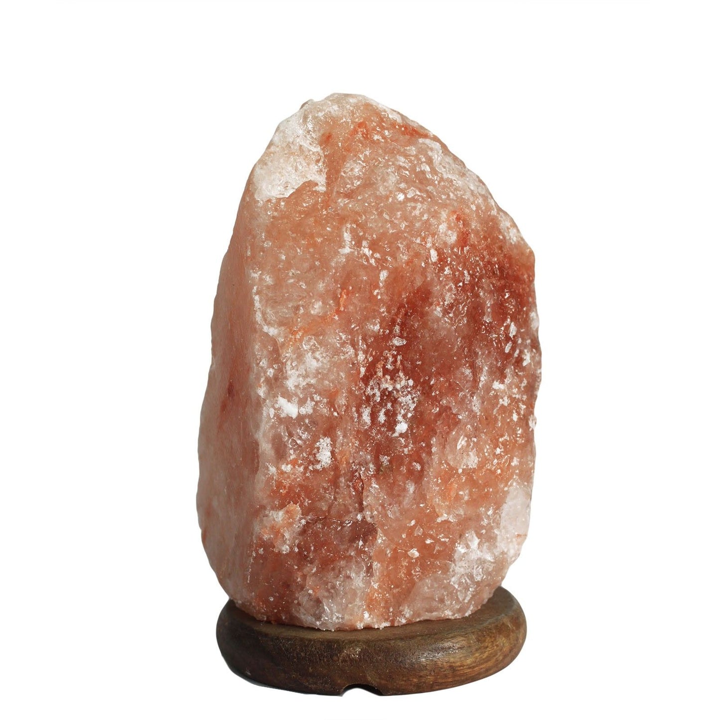Authentic pink Himalayan salt lamp on a round wooden base emitting a warm orange glow.