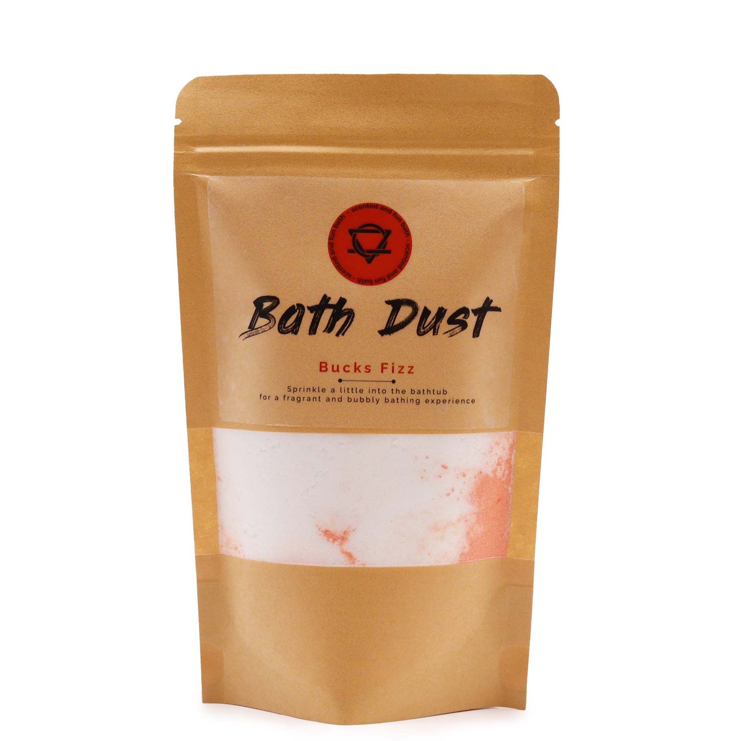 Sparkling orange and white fizzy bath dust in a clear bag, ready for a luxurious aromatic soak.
