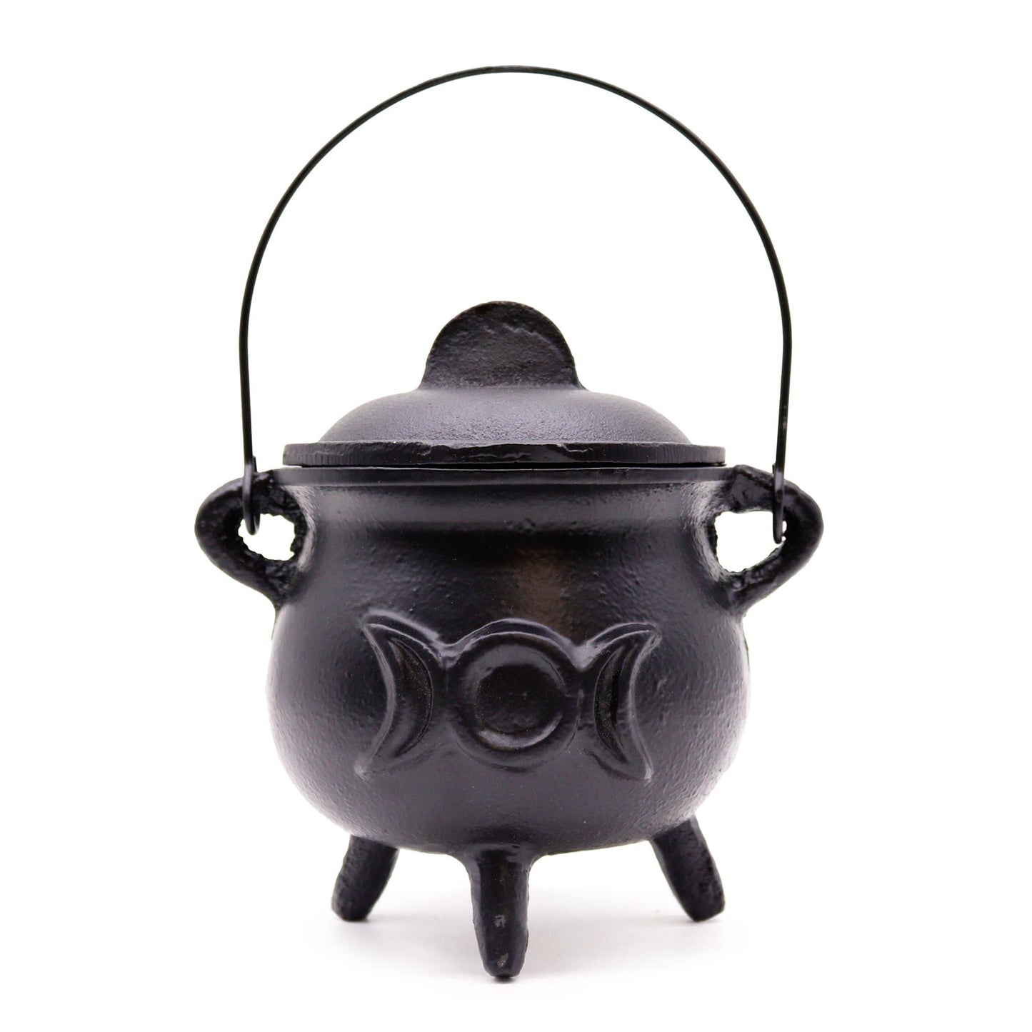 Large black cast iron cauldron with three legs, a handle, and an embossed Triple Moon goddess symbol on the front.
