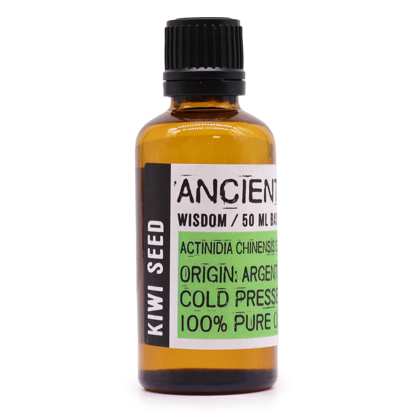 A 50ml amber glass bottle of kiwi seed oil with a black dropper cap on a plain background.