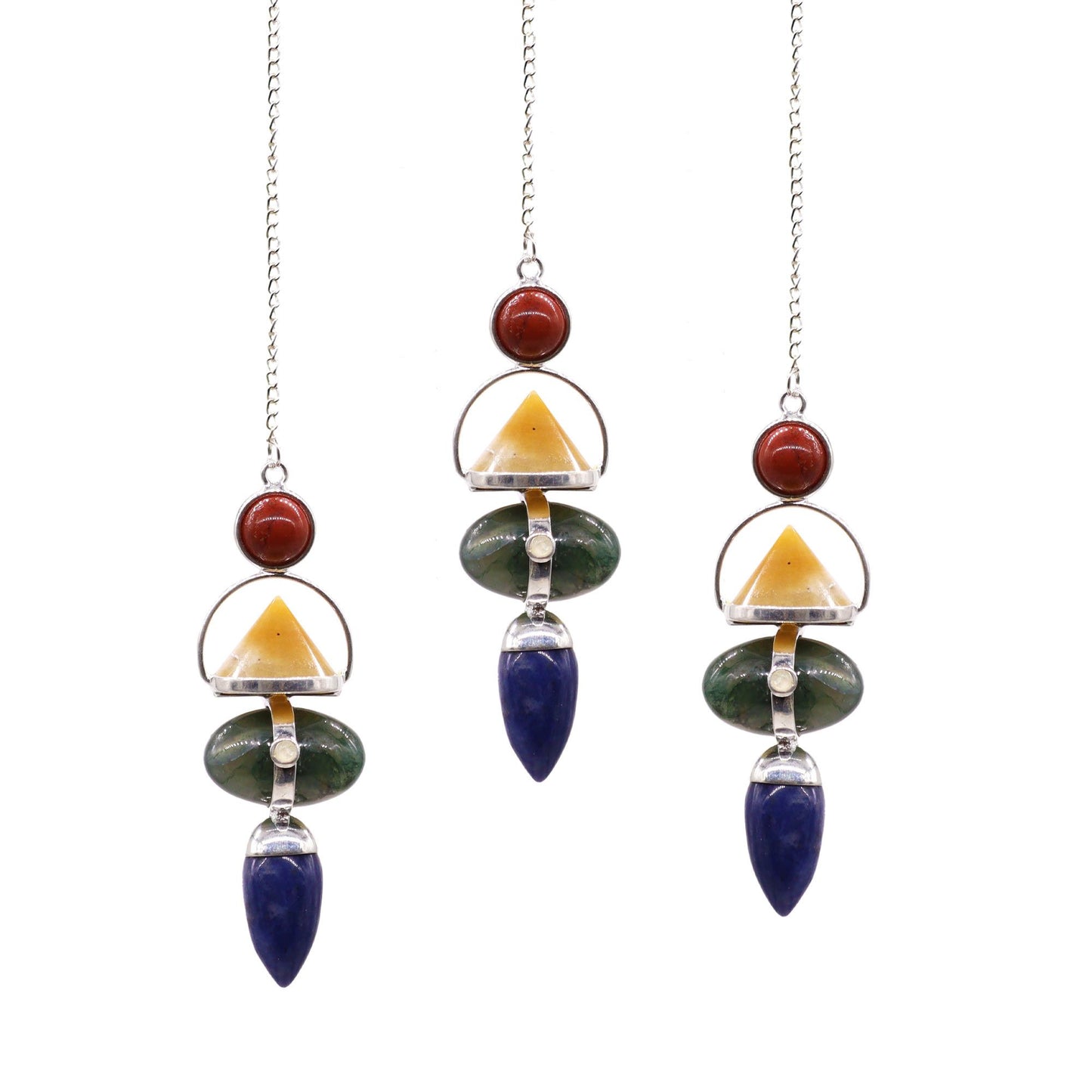 Detailed gemstone pendulum featuring layers of Red Jasper, Yellow Aventurine, Moss Agate, Sodalite and Moonstone.