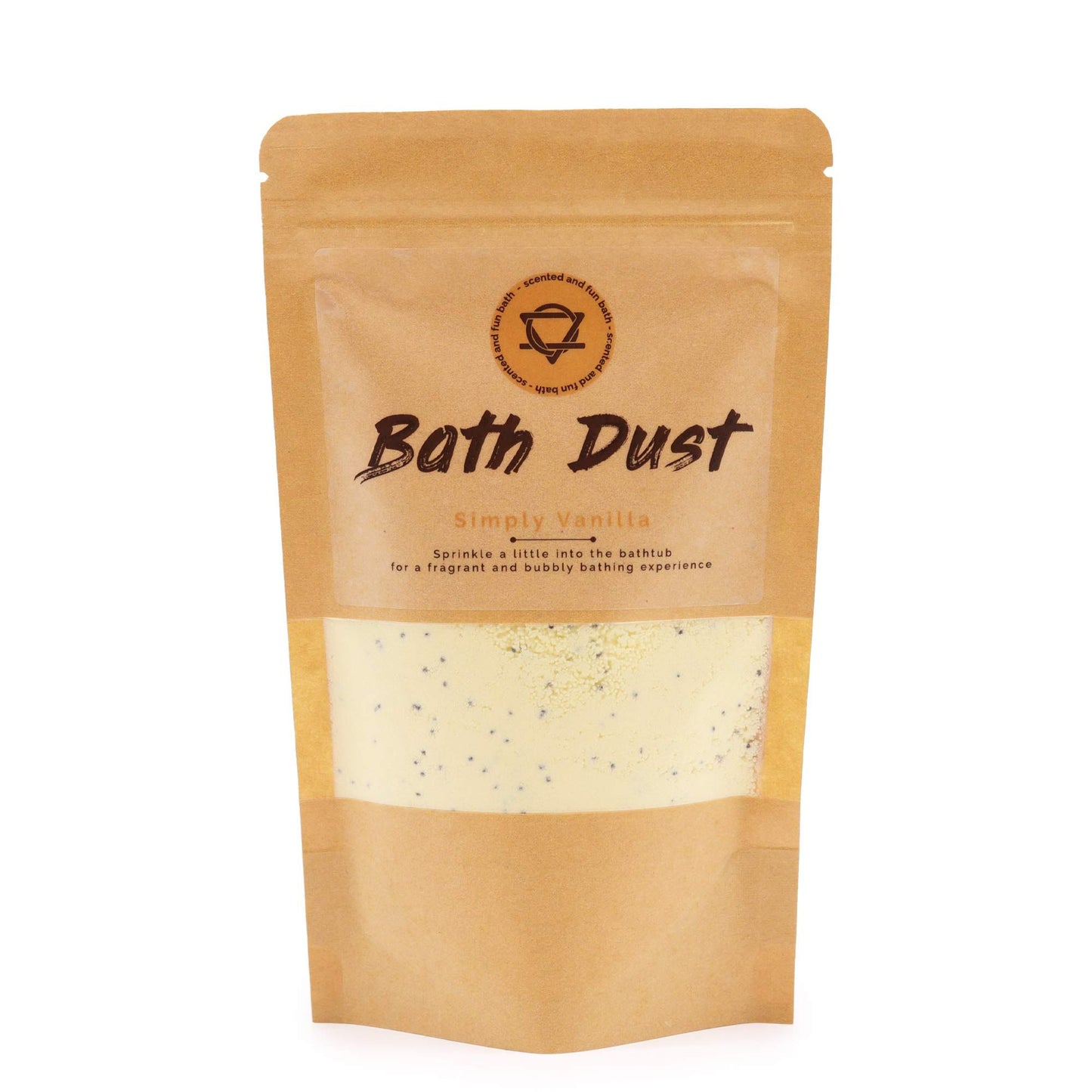 Close-up of fine white vanilla-scented bath dust in a simple clear pouch.