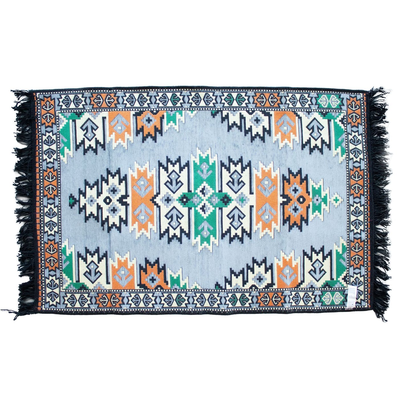 Handwoven charcoal Kilim rug with traditional geometric patterns and a fringe border on a neutral background.