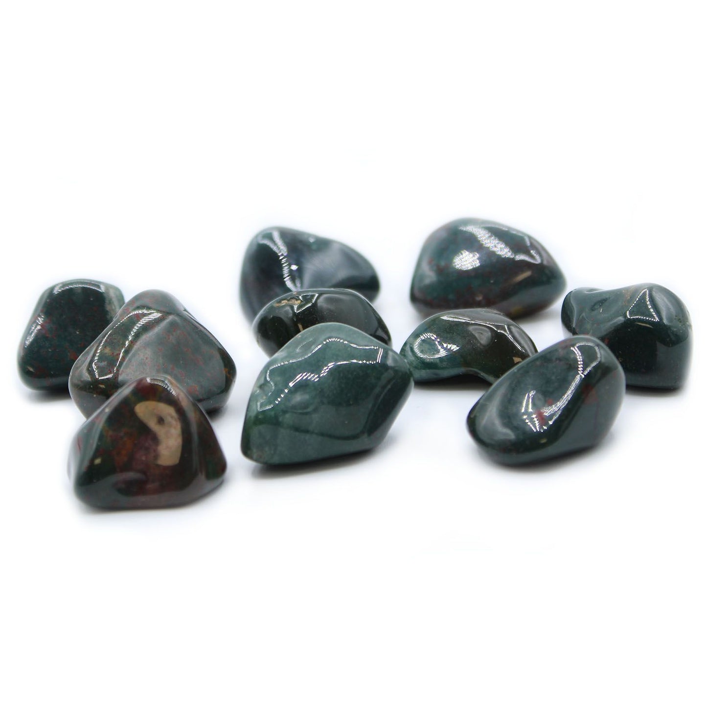 Large, polished dark green bloodstone tumble stone with characteristic red flecks and a smooth, glossy finish.