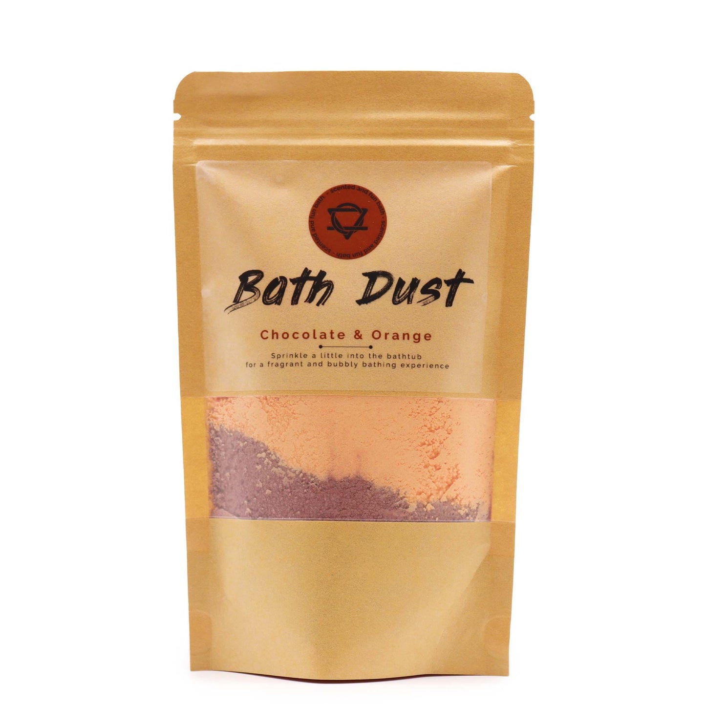 Fine chocolate and orange scented bath dust powder in a clear glass jar showing rich brown and orange hues.