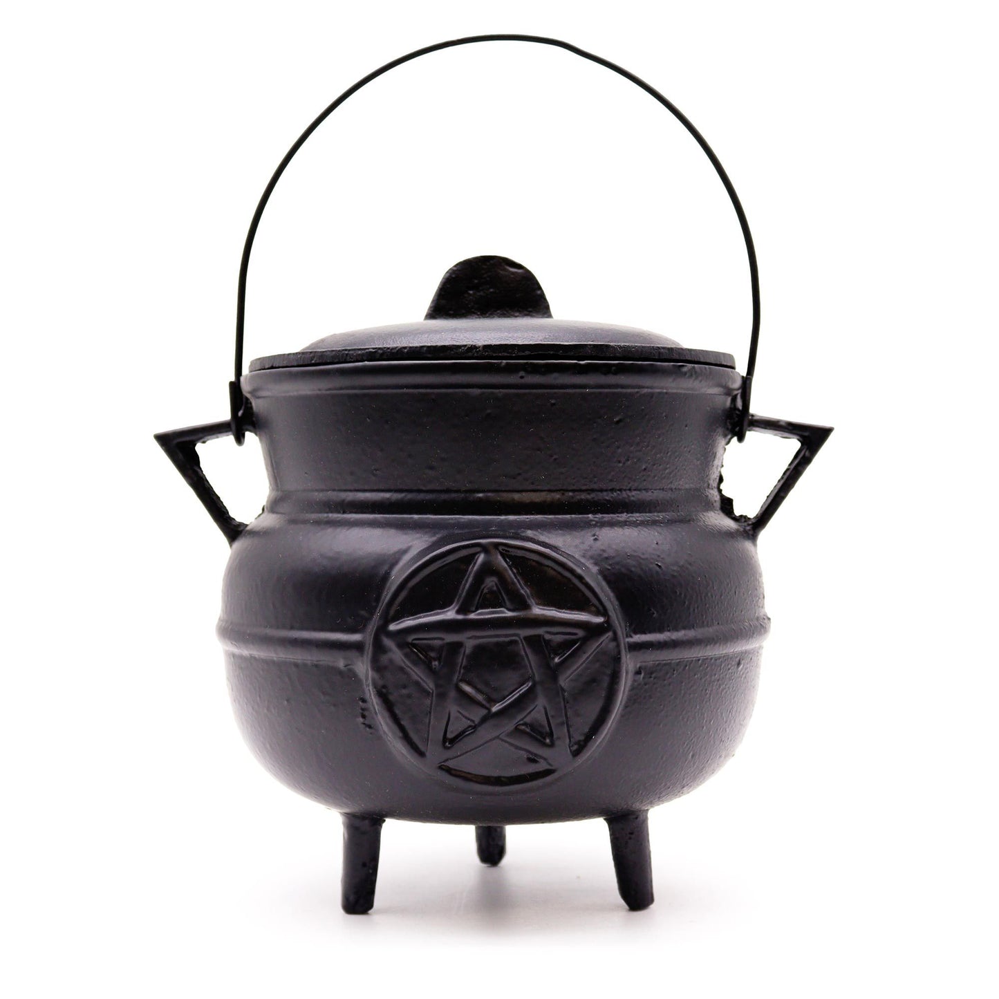 Large heavy-duty black cast iron ritual cauldron featuring an embossed pentagram symbol on the side with three sturdy legs.