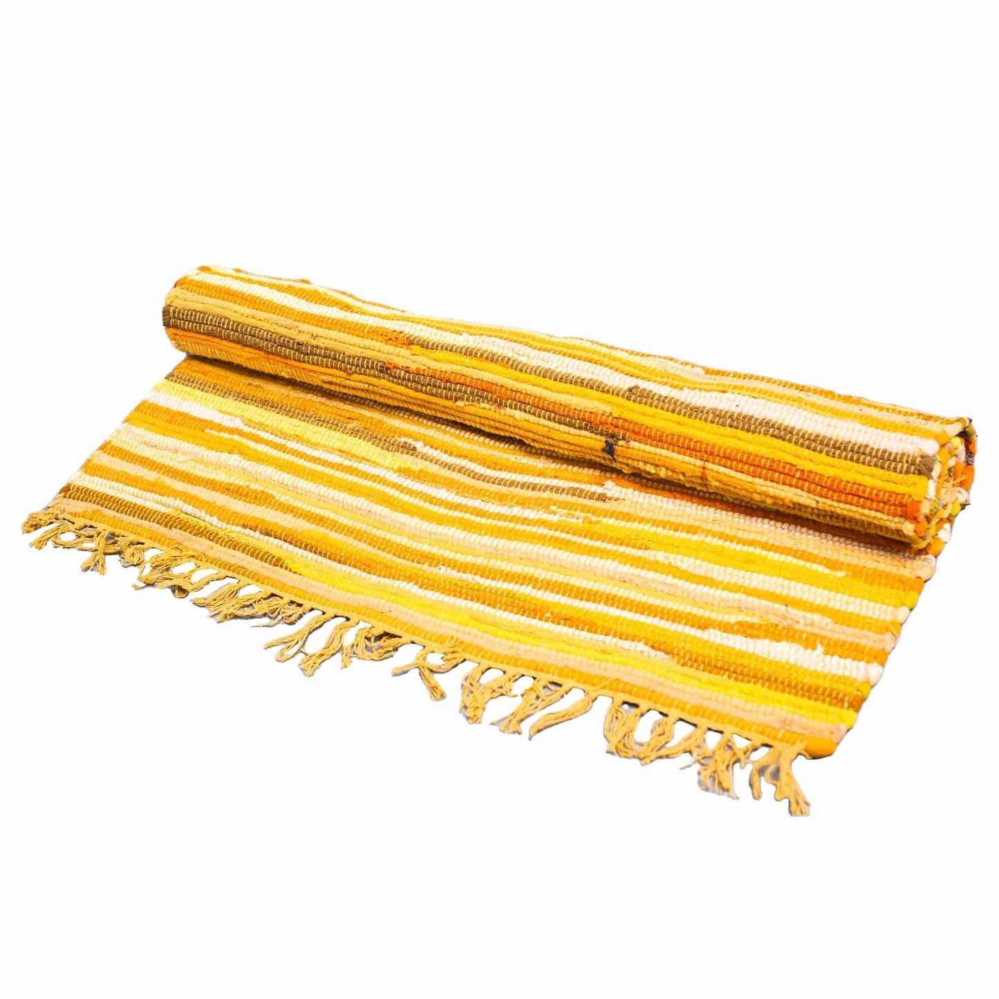 Large rectangular hand-woven rag rug featuring a vibrant blend of radiant sunrise orange and warm citrus tones.