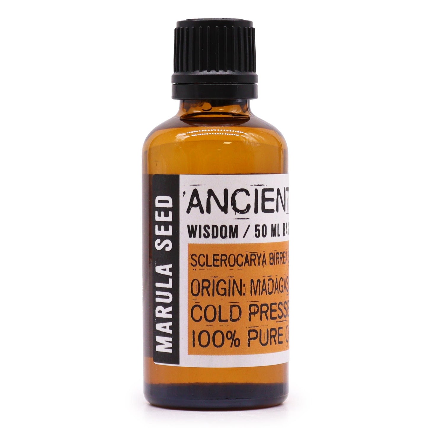 A 50ml amber glass bottle of pure marula seed oil with a black dropper cap.