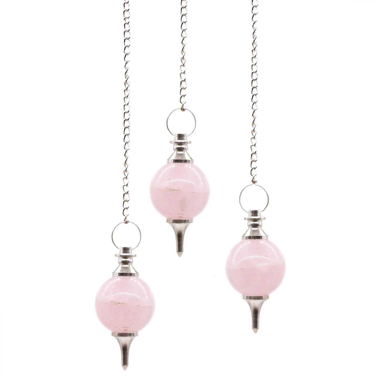 Rose quartz crystal sphere pendulum with a silver-toned chain and a small pink bead at the top.