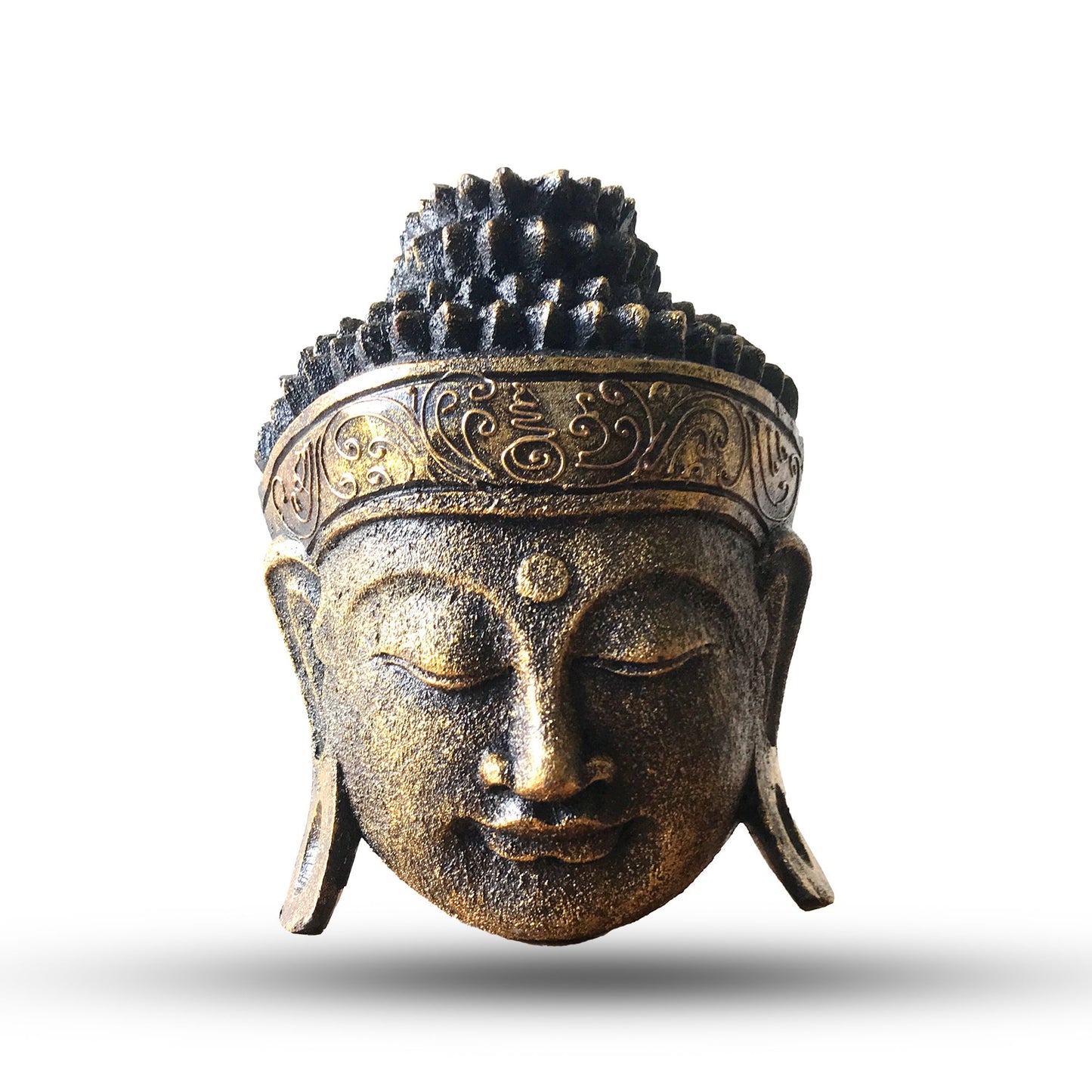 Handcrafted wooden Buddha head statue with a radiant gold shine finish, measuring 25cm in height.