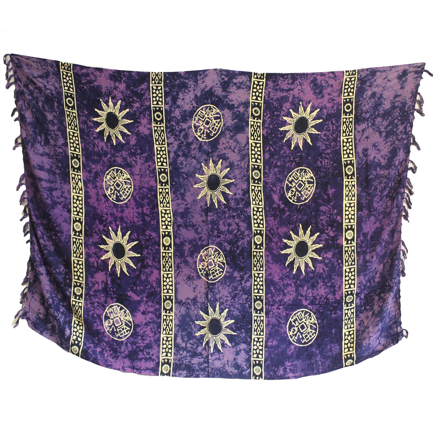 Large purple sarong featuring white Celtic-inspired sun symbols and a decorative border design.