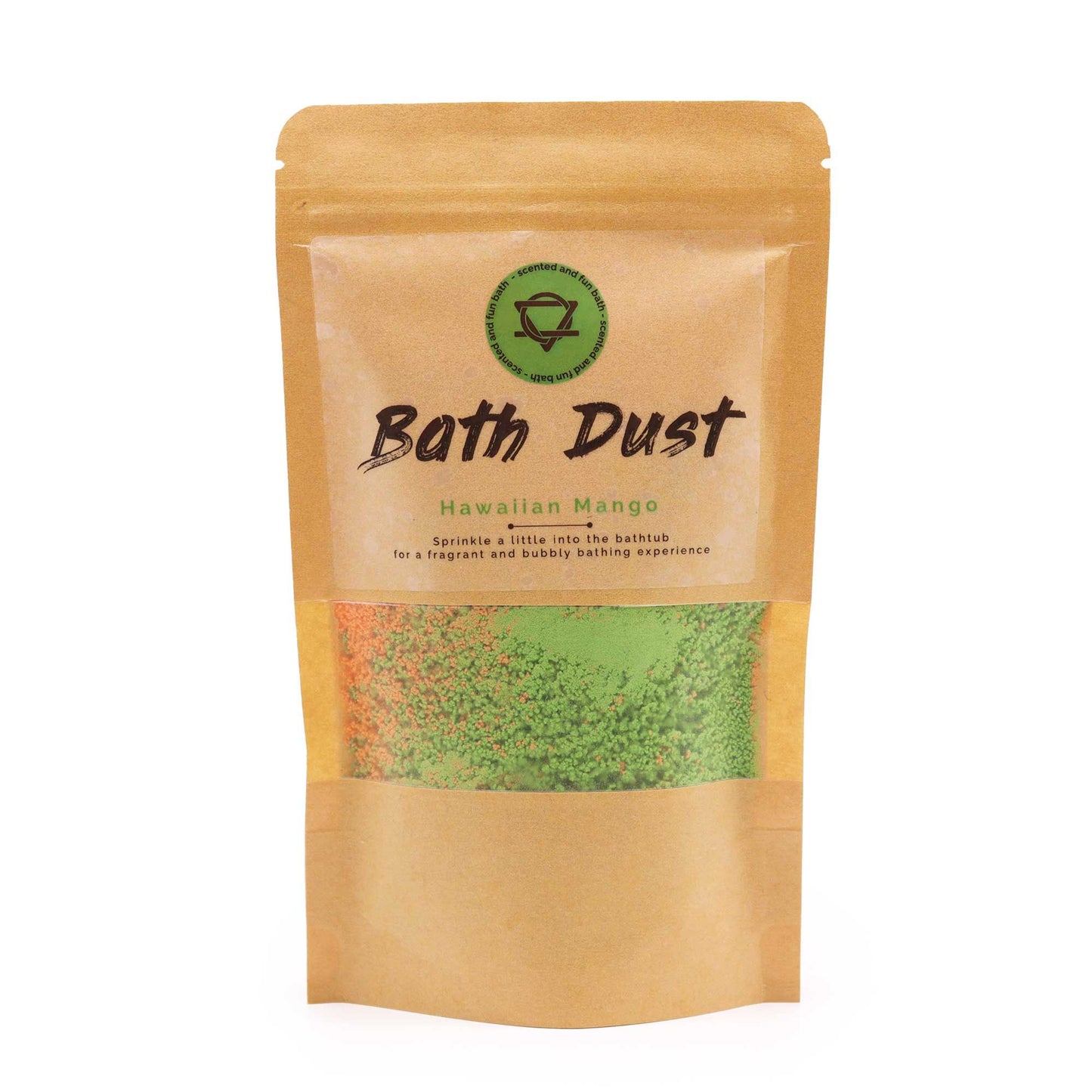 Vibrant orange and yellow fizzy bath dust powder in a clear bag with a tropical mango scent.