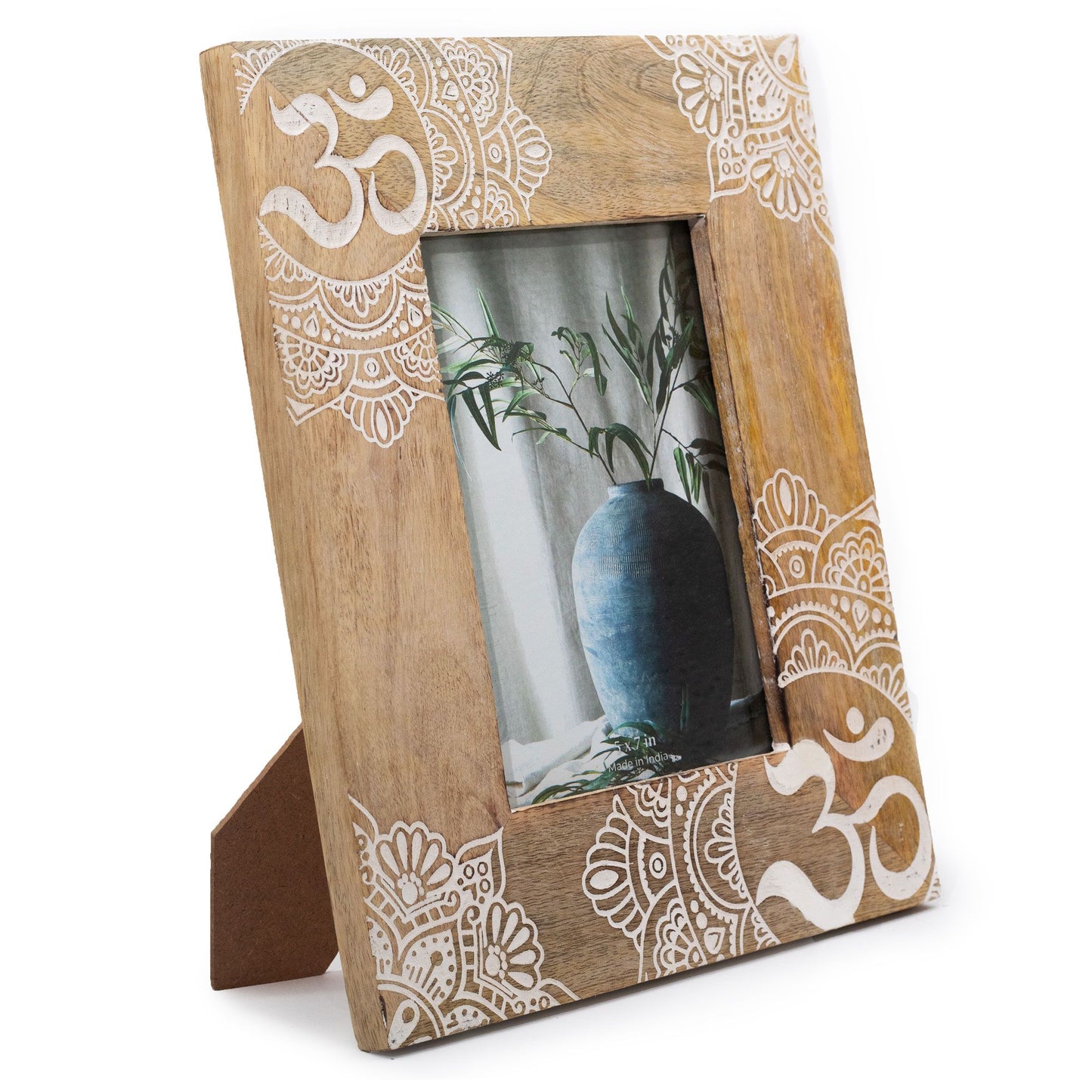 Large white hand-carved mango wood picture frame featuring an intricate mandala design for thirteen by eighteen centimetre ph