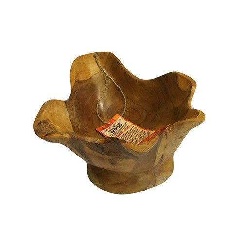 Hand-carved spiky teak root bowl with natural wood grain and unique abstract edges.